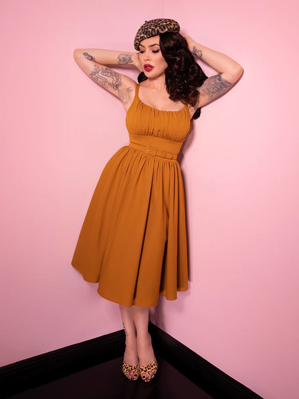 Vixen by Micheline Pitt Mustard Ingenue Belted Dress
